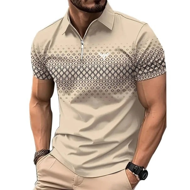Pánská polokošile na zip V výstřih s límečkem Krátký rukáv Jednobarevná jemný vzor Potisk na hrudi Polyester béžova XXL