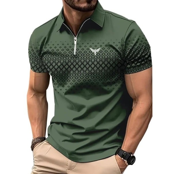 Pánská polokošile na zip V výstřih s límečkem Krátký rukáv Jednobarevná jemný vzor Potisk na hrudi Polyester tmavě zelená M