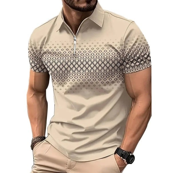 Pánská polokošile na zip V výstřih s límečkem Krátký rukáv Jednobarevná s jemným vzorem Polyester Elegantní styl béžova XL