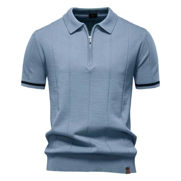 Pánska polokošile na zips s V výstrihom a golierikom Krátky rukáv Jednofarebná Polyester Viskóza Elegantný štýl modrá XS