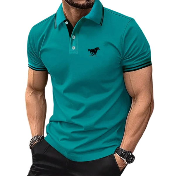 Pánská polokošile s krátkým rukávem Jednobarevná Potisk koně na hrudníku Límeček Knoflíky Polyester Klasický střih modrá L