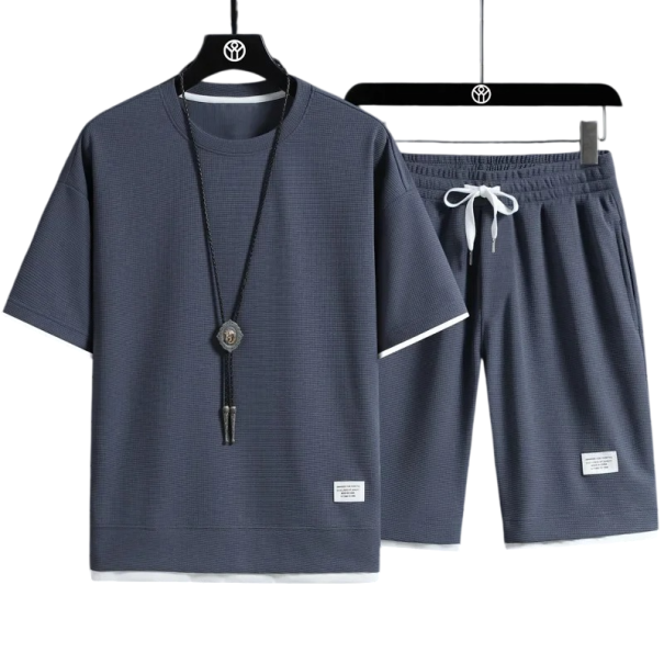 Pánská souprava kratasy na tkaničku, tričko s krátkým rukávem a výstřihem do O, jednobarevné, polyester tmavě modrá XXS