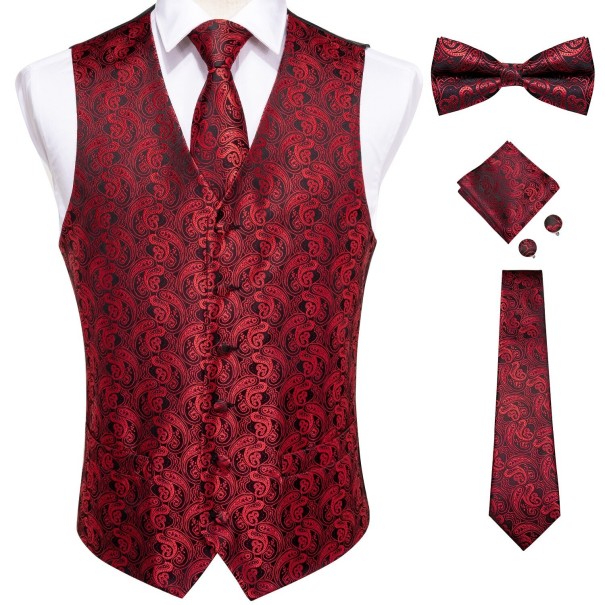 Pánská vesta s motýlkem a kravatou tmavě červená L