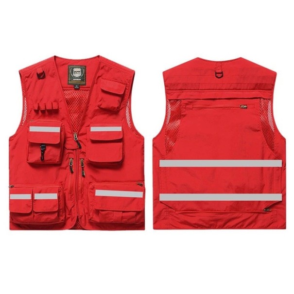 Pánska vesta s reflexnými prúžkami a kapsami na zips polyester pre prácu, rybárčenie, turistiku a vonkajšie aktivity červená 3XL