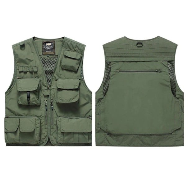 Pánská vesta s více kapsami na zip a zapínáním na zip polyester pro rybaření, turistiku, fotografování a outdoorové aktivity armádní zelená L