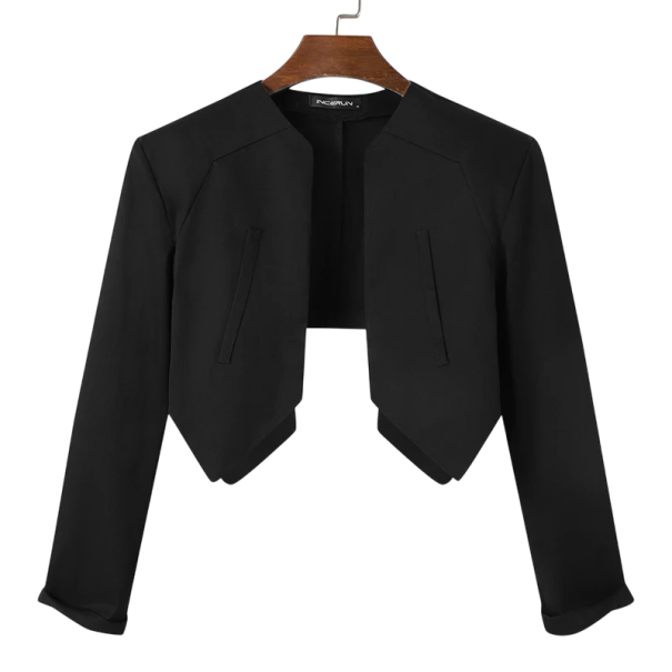 Pánské crop top sako z polyesteru Moderní krátké sako pro muže bez zapínání s kapsami Jednobarevné nepravidelné stylové sako v různých černá M