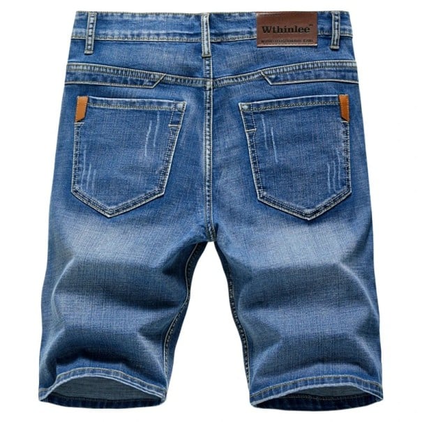 Pánské džínové kraťasy s kapsami Úzký rovný střih Letní džíny do města i na volný čas Pohodlné a stylové krátké kalhoty z denimu pro muže tmavě modrá 32