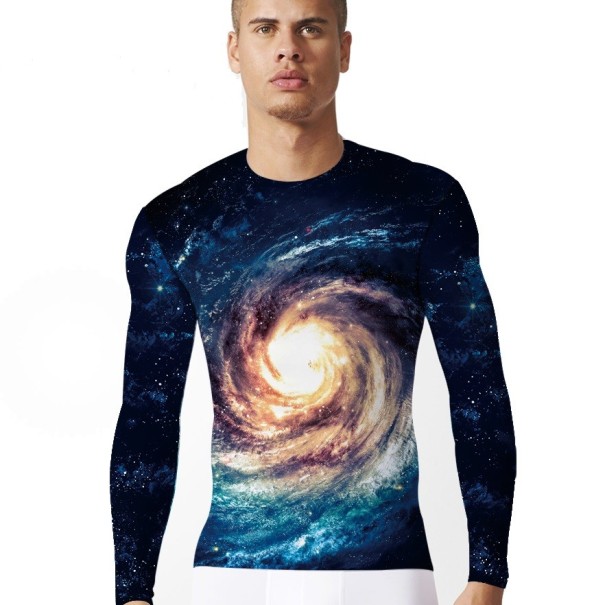 Pánské elastické 3D tričko s potiskem - Galaxie - dlouhý rukáv M