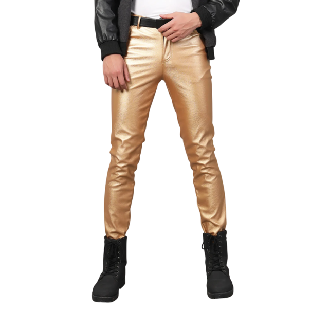 Pánské kalhoty z umělé kůže Slim fit Moderní styl Elegantní vzhled Pohodlné kalhoty Slim střih Módní pánské oblečení Elegantní kalhoty zlatá 30