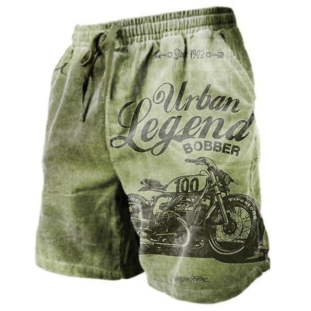 Pánske letné priedušné kraťasy so sťahovacou šnúrkou Ľahký pohodlný materiál Vintage motocyklová potlač Štýlové voľnočasové šortky zelená XL