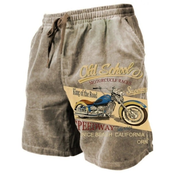 Pánské letní prodyšné kraťasy s old school motocyklovým potiskem Stahovací šňůrka Lehký materiál Veterán styl Pohodlné šortky na léto a volný čas hnědá XS