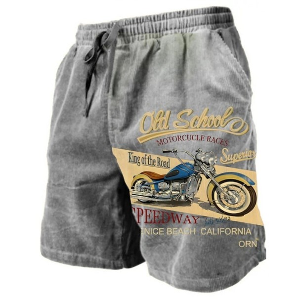 Pánské letní prodyšné kraťasy s old school motocyklovým potiskem Stahovací šňůrka Lehký materiál Veterán styl Pohodlné šortky na léto a volný čas šedá XS