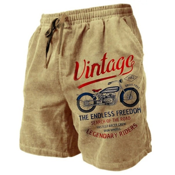 Pánské letní prodyšné kraťasy s vintage motocyklovým potiskem Lehký volný střih se stahovací šňůrkou Stylové pohodlné šortky na volný čas a cestování khaki M