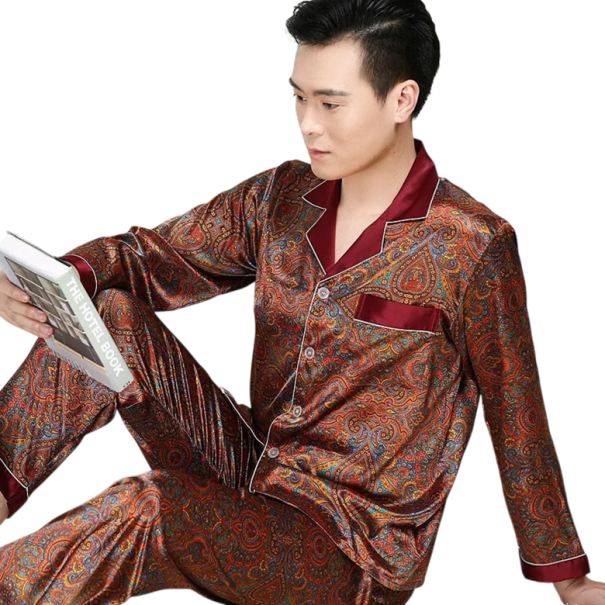 Pánské pyžamo dlouhý rukáv a kalhoty s límečkem Knoflíkové zapínání Kapsička Polyester Vínové s ornamenty M