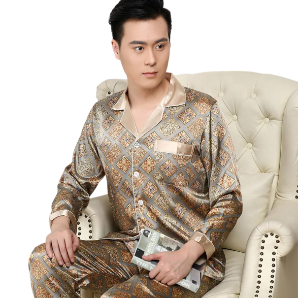 Pánské pyžamo dlouhý rukáv a kalhoty s límečkem Knoflíkové zapínání Kapsička Polyester Zlaté s ornamenty XL