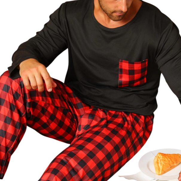 Pánské pyžamo dlouhý rukáv a kostkované kalhoty O výstřih Polyester Pohodlné pyžamo s kapsičkou pro domácí nošení červená M
