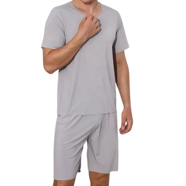 Pánské pyžamo elastické tričko a šortky pružný materiál polyester elastan domácí nošení a pohodlný spánek šedá M