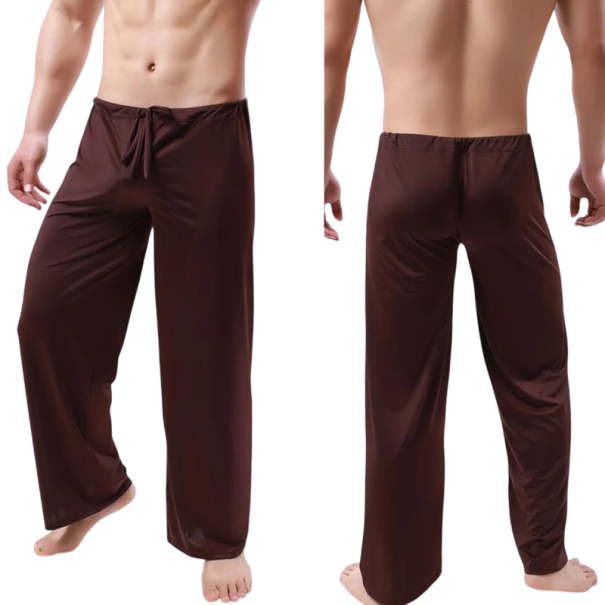 Pánské pyžamo kalhoty dlouhé volný střih stahovací pas polyester pohodlné domácí nošení spaní a odpočinek hnědá M