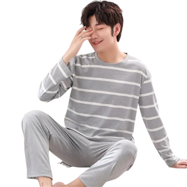 Pánské pyžamo komplet triko s dlouhým rukávem a kalhoty Pruhovaný design Pohodlný dvoudílný set Polyester spandex světle šedá S