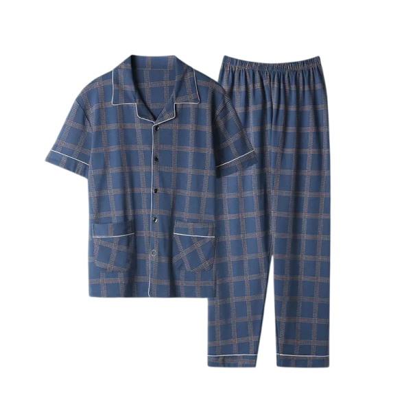 Pánske pyžamo košilové s krátkym rukávom Modré kostkované Nohavice s kapsami Límeček Knoflíky Polyester bavlna L