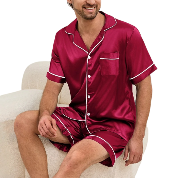 Pánské pyžamo s krátkým rukávem a kraťasy zapínání na knoflíky polyester elastan domácí nošení a pohodlný spánek červená S