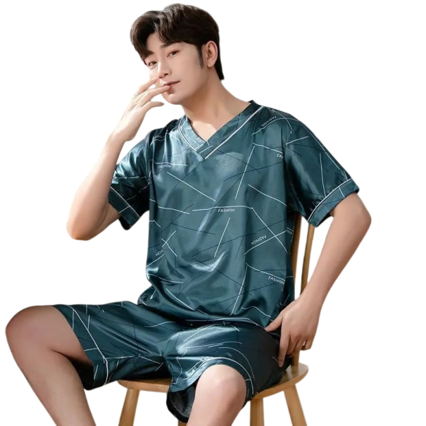 Pánske pyžamo s krátkym rukávom a kraťasmi hladký materiál polyester elastan zelená domáce nosenie a pohodlný spánok S