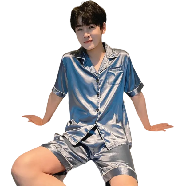 Pánské pyžamo set tričko a kraťasy Zapínání na knoflíky Kapsička Límec Jednobarevné Pohodlný materiál Polyester spandex modrá M
