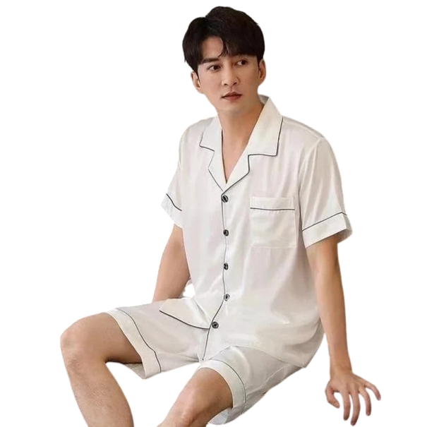 Pánske pyžamo set tričko a kraťasy Zapínanie na gombíky Kapsička Golier Jednofarebné Pohodlný materiál Polyester spandex biela M