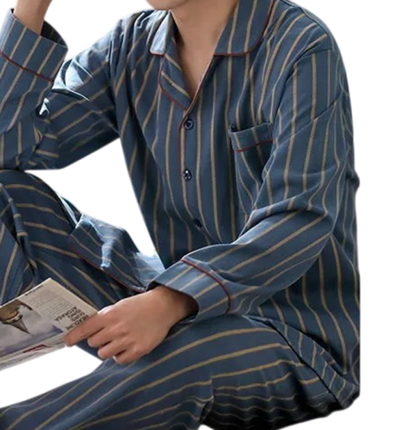 Pánské pyžamo set triko s dlouhým rukávem a kalhoty Zapínání na knoflíky Kapsička Límec Pruhované Modré Polyester bavlna XS