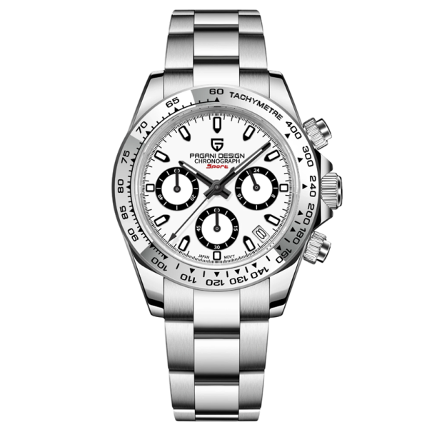 Pánske quartzové hodinky s chronografom Zafírové sklo 40 mm ciferník Nerezové puzdro Vodeodolné Odolné proti nárazom Opasok 21 cm biela