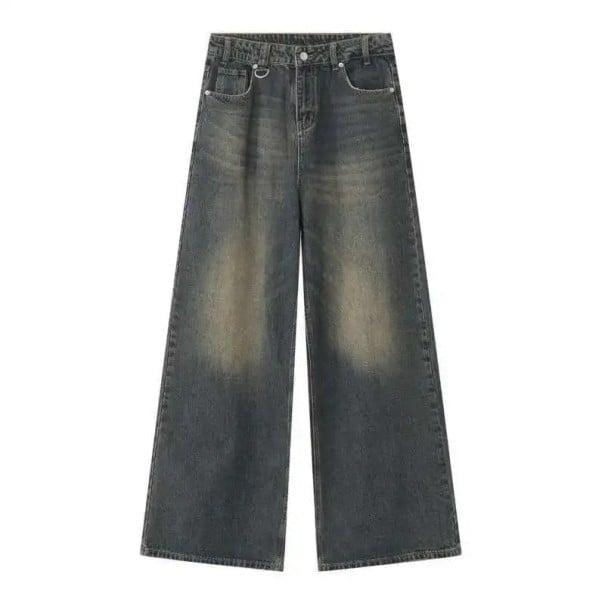 Pánské rovné džíny s kovovým kroužkem Sepraný vzhled Široké nohavice Dlouhé kalhoty Ležérní streetwear Stylové jeansy tmavě modrá XS
