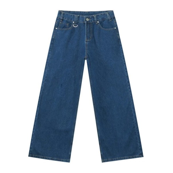 Pánské rovné džíny s kovovým kroužkem Široké dlouhé nohavice Ležérní styl Streetwear jeansy Pohodlné pánské kalhoty z denimu modrá L