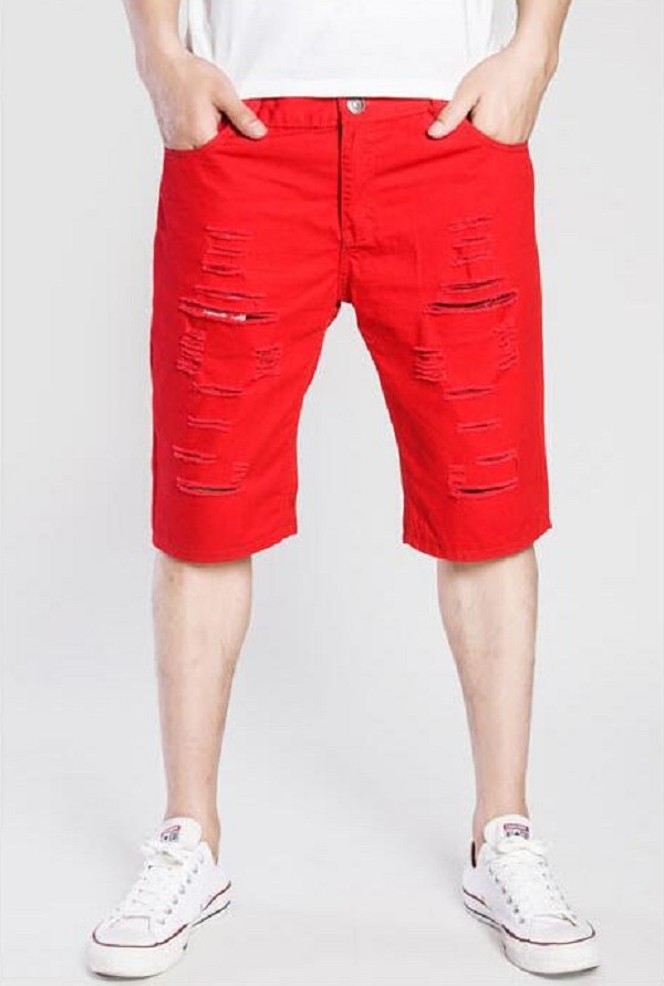 Pánske roztrhané džínsové kraťasy červená XS