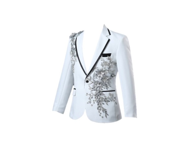 Pánské sako s 3D stříbrnými květinami J2670 bílá XXS
