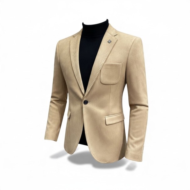 Pánske sako Slim fit Semišový vzhľad Zapínanie na jeden gombík Klopy Kapsy Polyester a elastan Do práce aj na oslavy béžová L
