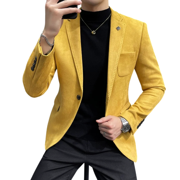 Pánské sako z polyesteru a spandexu Elegantní jednobarevné sako pro muže s kapsami a kapsičkou na prsou Stylové pružné sako s knoflíkem žlutá M