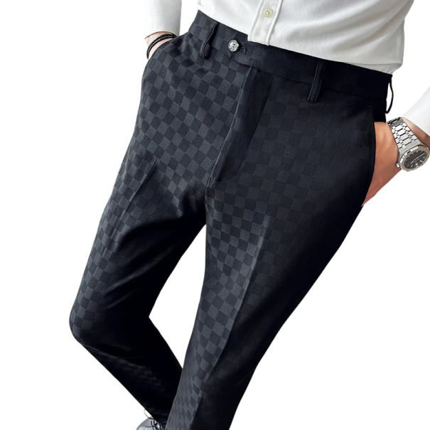 Pánské společenské kalhoty s kapsami Jednobarevné s jemnými kostičkami Elegantní rovný střih POLYESTER Stylové kalhoty pro muže do práce i na formální události černá 29