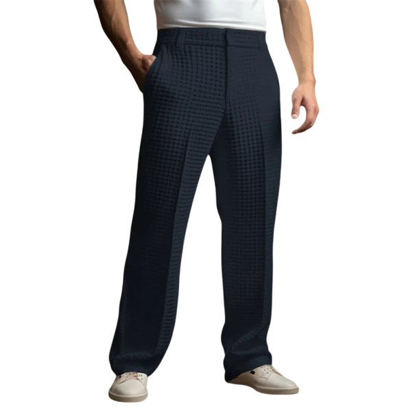 Pánské společenské kalhoty s kapsami Jednobarevné s vaflovým vzorem Elegantní rovný střih Stylové kalhoty pro muže do práce i na slavnostní akce Polyester tmavě modrá S
