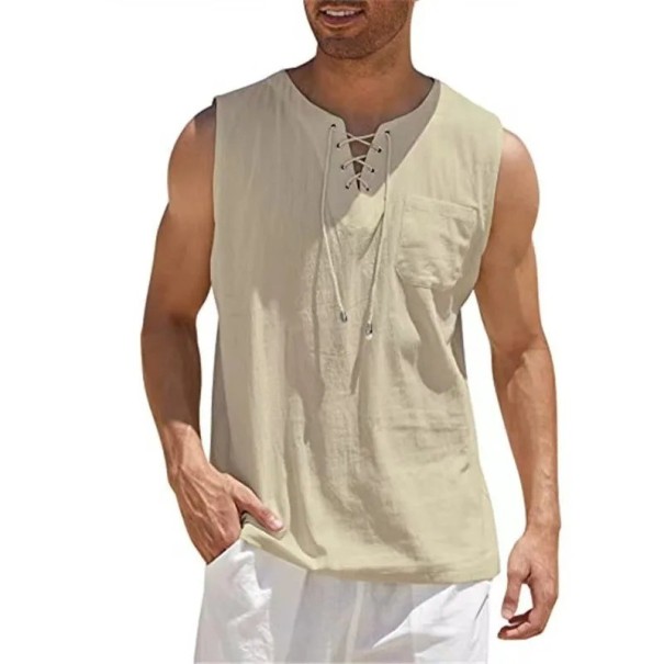 Pánské tílko jednobarevné s výstřihem do V Šněrování ve výstřihu Polyester Lehký letní top pro volný čas béžova M