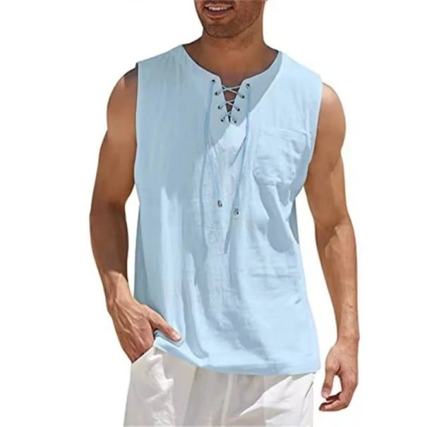 Pánské tílko jednobarevné s výstřihem do V Šněrování ve výstřihu Polyester Lehký letní top pro volný čas modrá L