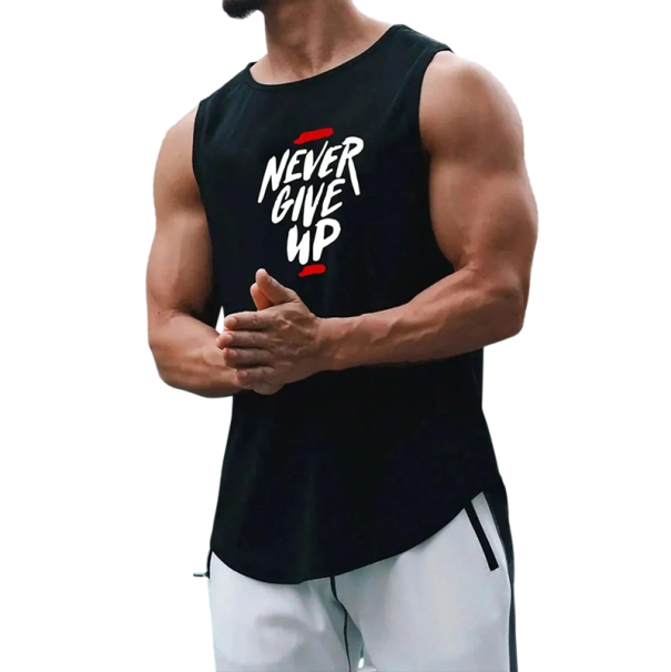 Pánské tílko s kulatým výstřihem O Nápis Never Give Up Polyester Lehký sportovní top na fitness trénink volný čas černá XL