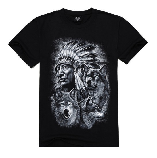 Pánské tričko s 3D potiskem - Indián s Vlky L