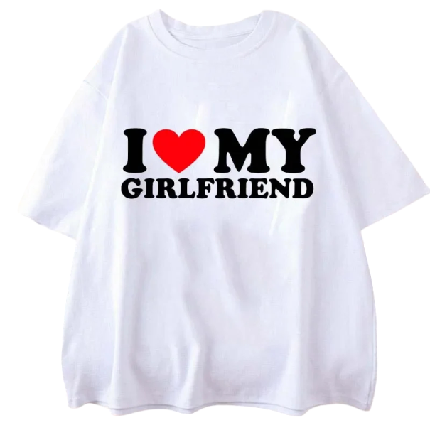 Pánské tričko s nápisem I LOVE MY GIRLFRIEND Tričko s vtipným potiskem Krátký rukáv Bavlněné tričko Dárek pro partnera Přítel tričko bílá L