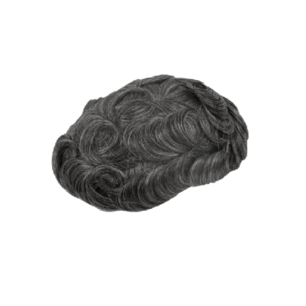 Pánské tupé vlnitá vlasová náhrada 0,12–0,14 mm Tenká kožní báze 20,3 x 25,4 cm Pravé lidské vlasy Hustota 130 % Barva černá s 40 % šedé 1