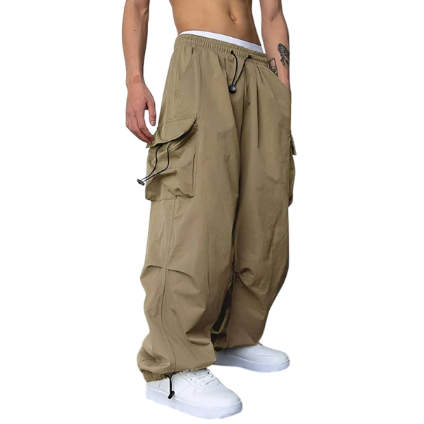 Pánské volné kalhoty Cargo se stahovací šňůrkou Rovný střih Široké nohavice Pohodlné kapsáče Streetwear styl na volný čas khaki XS