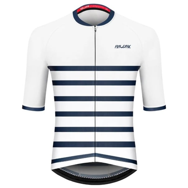 Pánský bílý cyklistický dres s krátkým rukávem na zip, s modrými pruhy, pro cyklistiku, sport a aktivity XXS