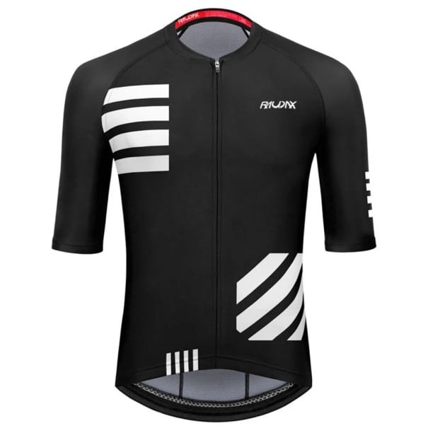 Pánský černý cyklistický dres s krátkým rukávem na zip, s bílými pruhy, pro cyklistiku, sport a aktivity XXS