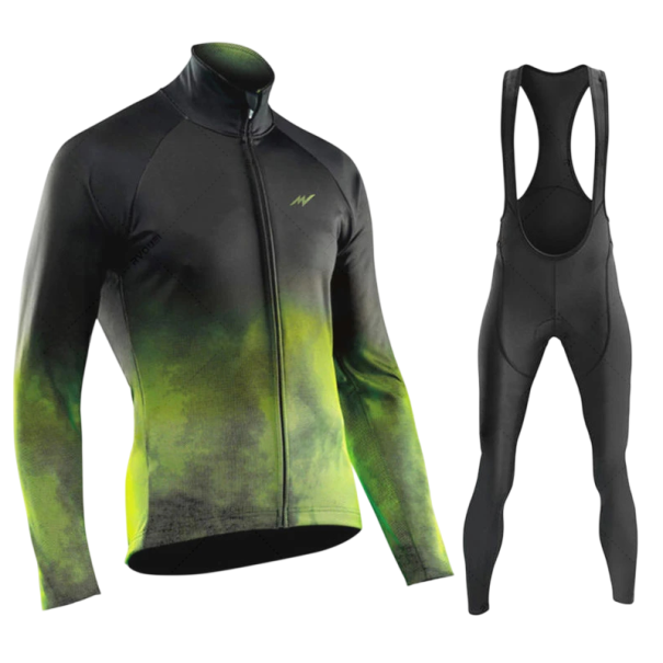 Pánský cyklistický set dres s dlouhým rukávem a kalhoty s laclem na kolo a sport do chladnějšího počasí černo-zelená XS