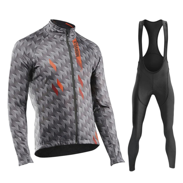 Pánský cyklistický set dres s dlouhým rukávem s geometrickým vzorem a kalhoty s laclem na kolo a sport do chladnějšího šedá M