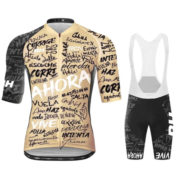 Pánský cyklistický set – dres s krátkým rukávem na zip a kraťasy s laclem, s motivem nápisů, pro cyklistiku a sport béžová XL